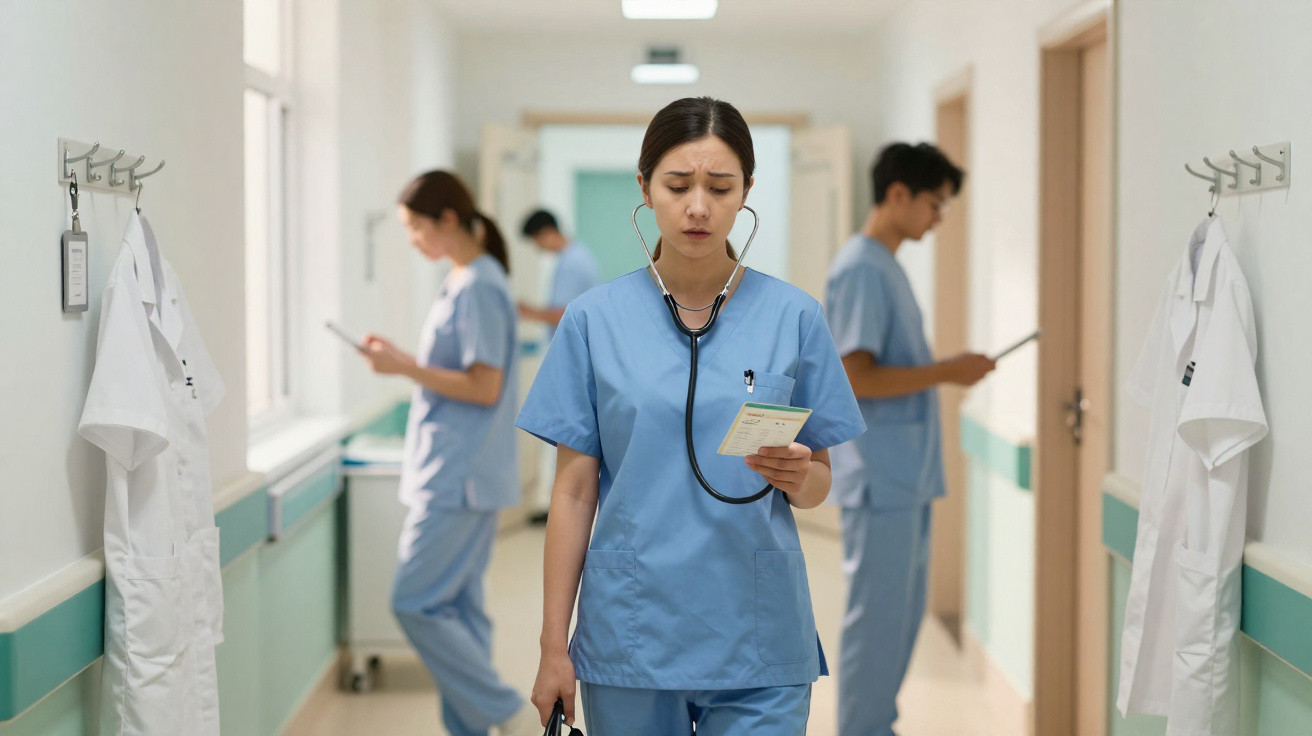 Enfermeira preocupada com estetoscópio no pescoço em corredor de hospital com outros profissionais ao fundo.