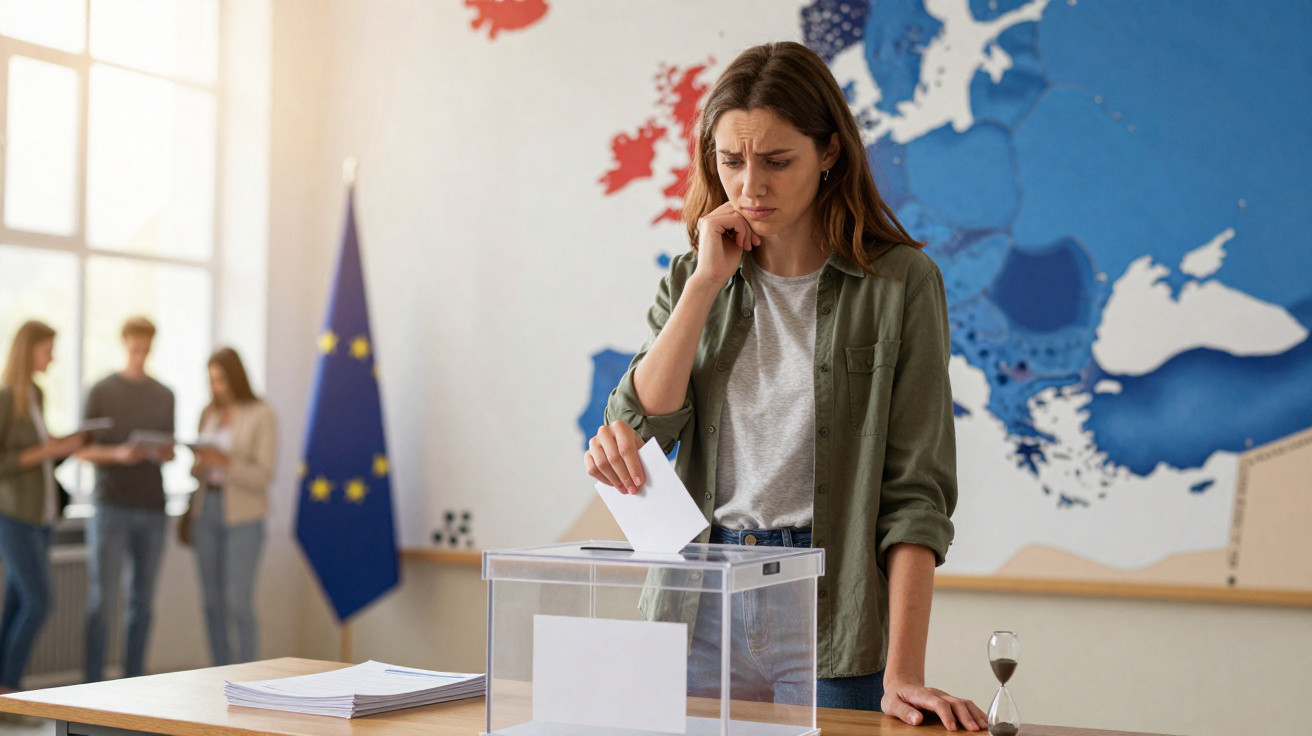 Mulher hesitante a votar numa urna transparente numa sala com mapa da Europa e bandeira da UE ao fundo.