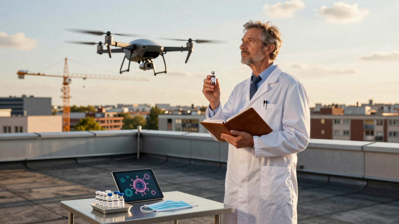Cientista em bata branca com vacina nas mãos observa drone, com laptop e máscara sobre mesa ao ar livre.