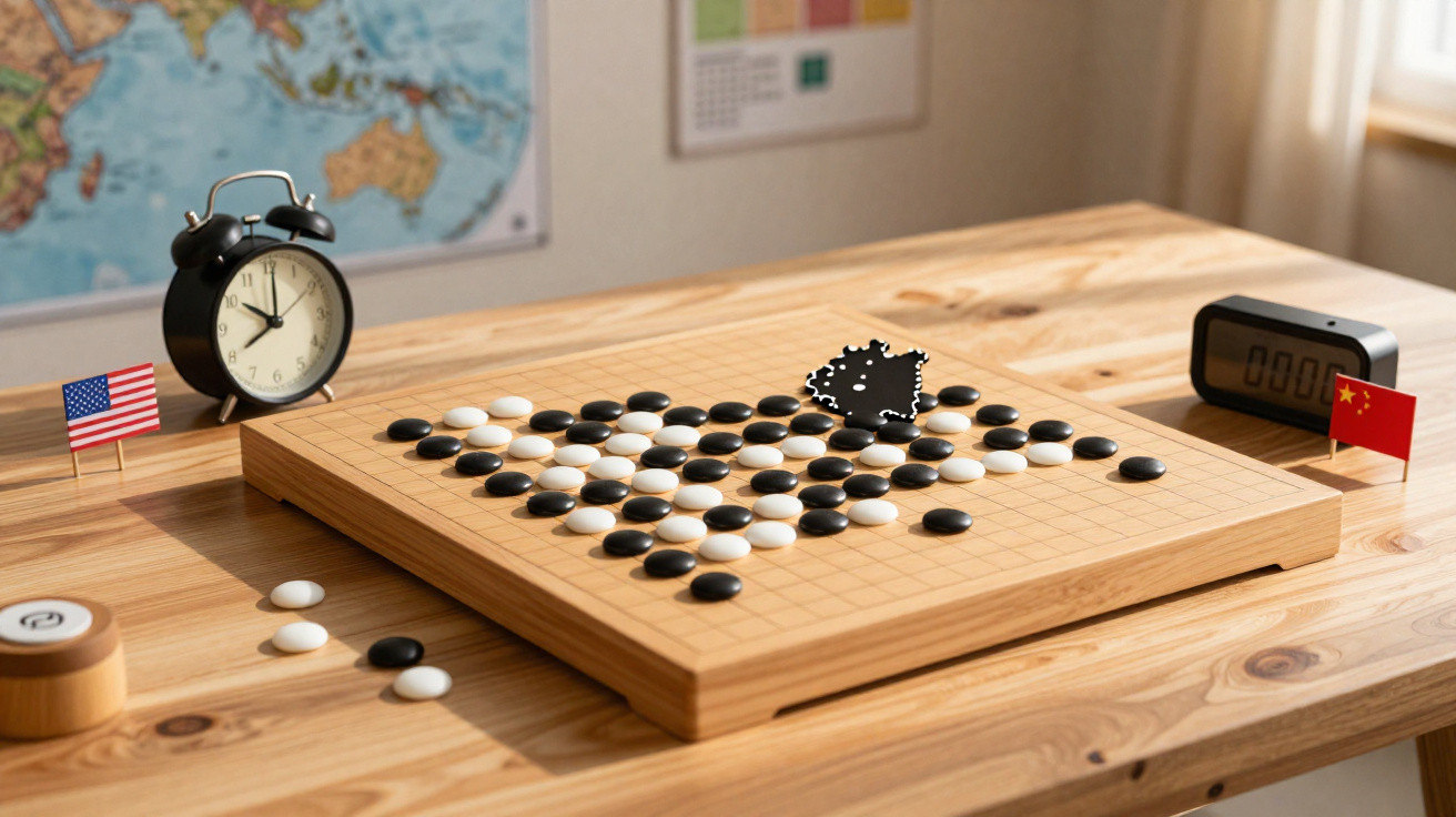 Jogo de Go em tabuleiro de madeira com peças pretas e brancas, relógios e bandeiras dos EUA e China.