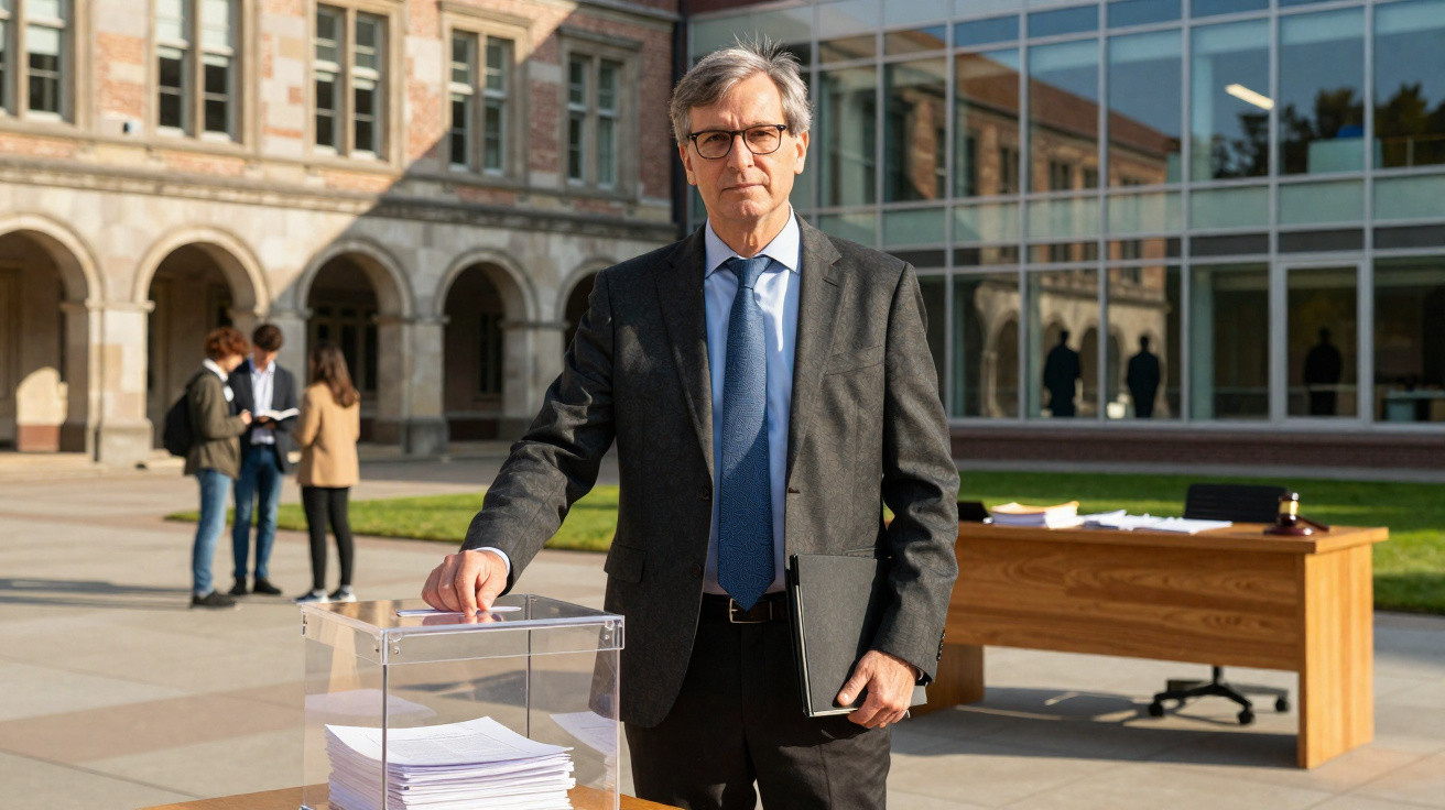 Homem de fato a votar numa urna transparente ao ar livre em frente a um edifício com três pessoas ao fundo.