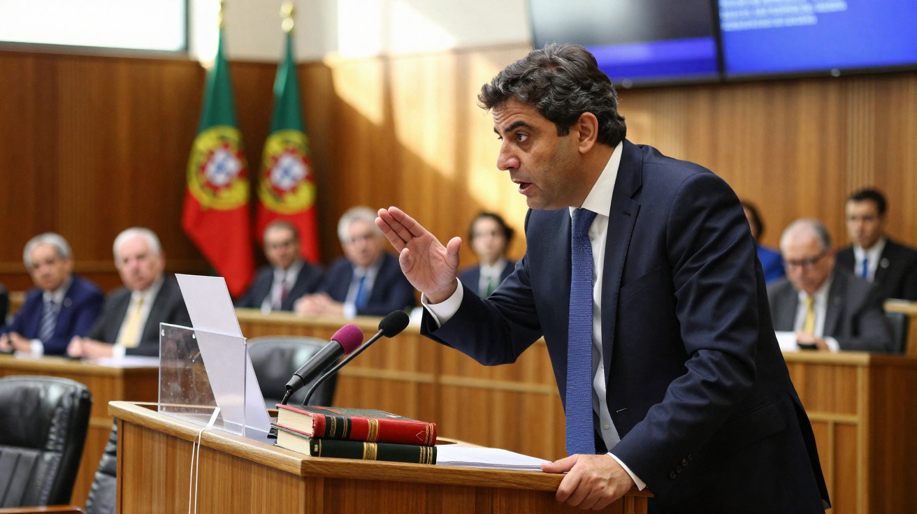 Homem de fato a discursar num tribunal com bandeiras de Portugal ao fundo e público atento.