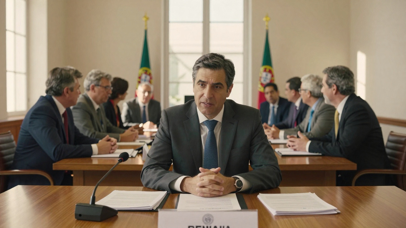 Homem em fato cinzento sentado numa mesa com microfone e documentos, com oito pessoas e duas bandeiras de Portugal ao fundo.