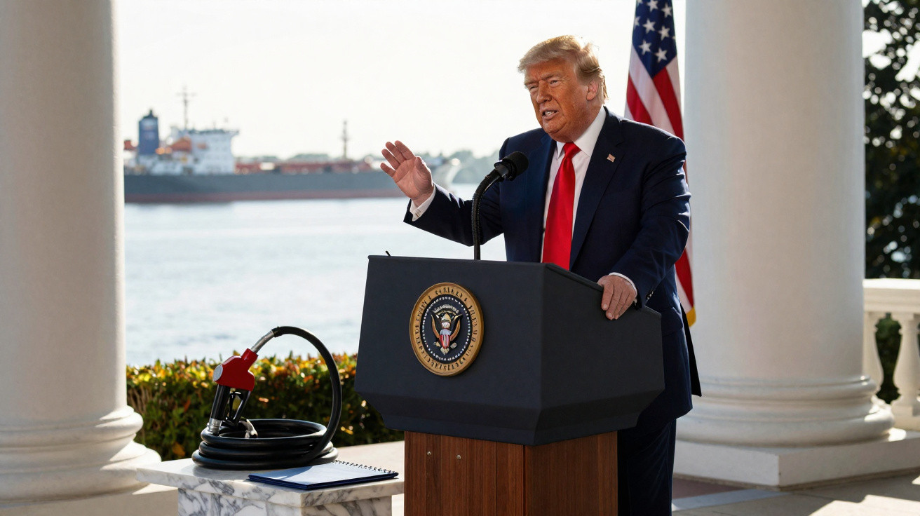Ex-presidente dos EUA Donald Trump discursando com porto marítimo ao fundo e bomba de combustível à esquerda.