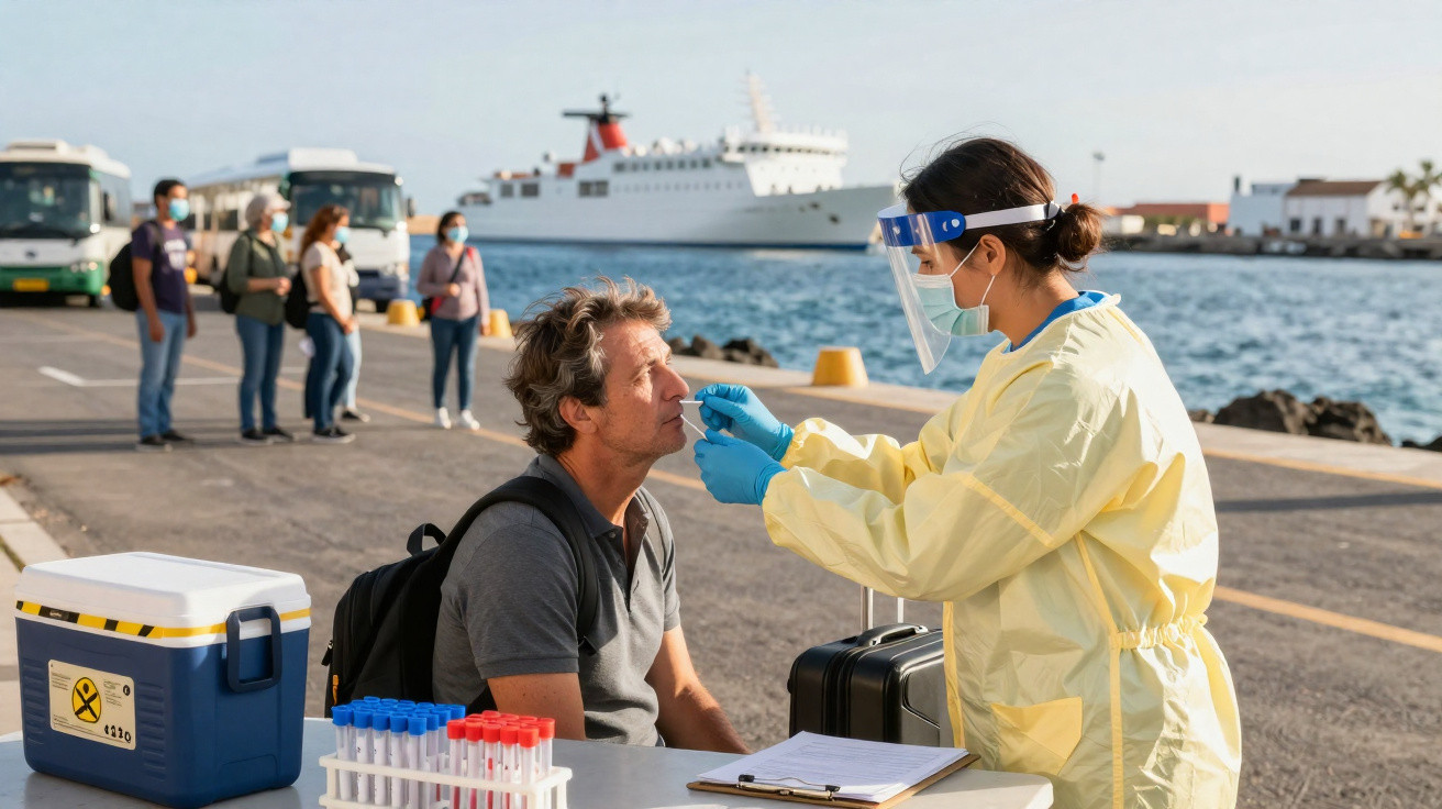 Profissional de saúde em equipamento protetor faz teste de covid a viajante num porto com navio ao fundo.
