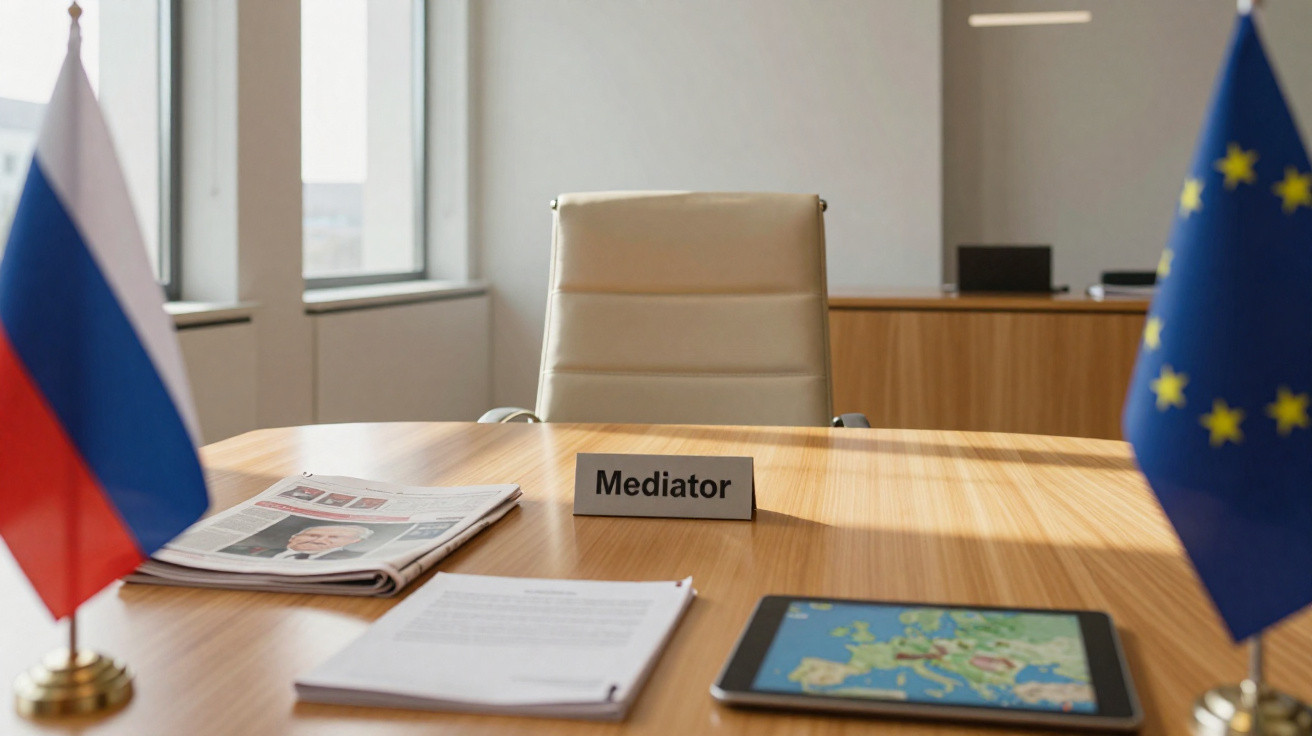Mesa de reunião com placa "Mediator", bandeiras da Rússia e União Europeia, jornais, documentos e tablet com mapa da Europa.