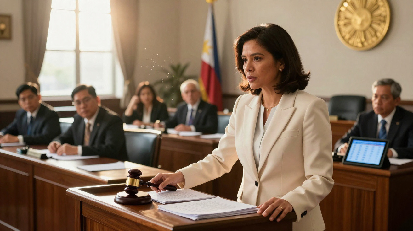 Mulher com fato branco a martelar em tribunal enquanto jurados e advogados observam.