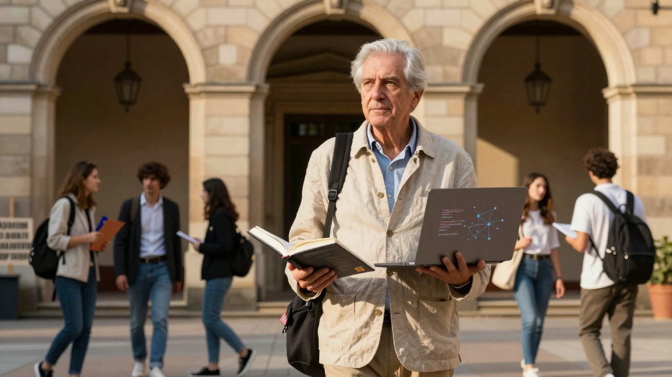 Homem idoso segurando livro e portátil em campus universitário com estudantes ao fundo.