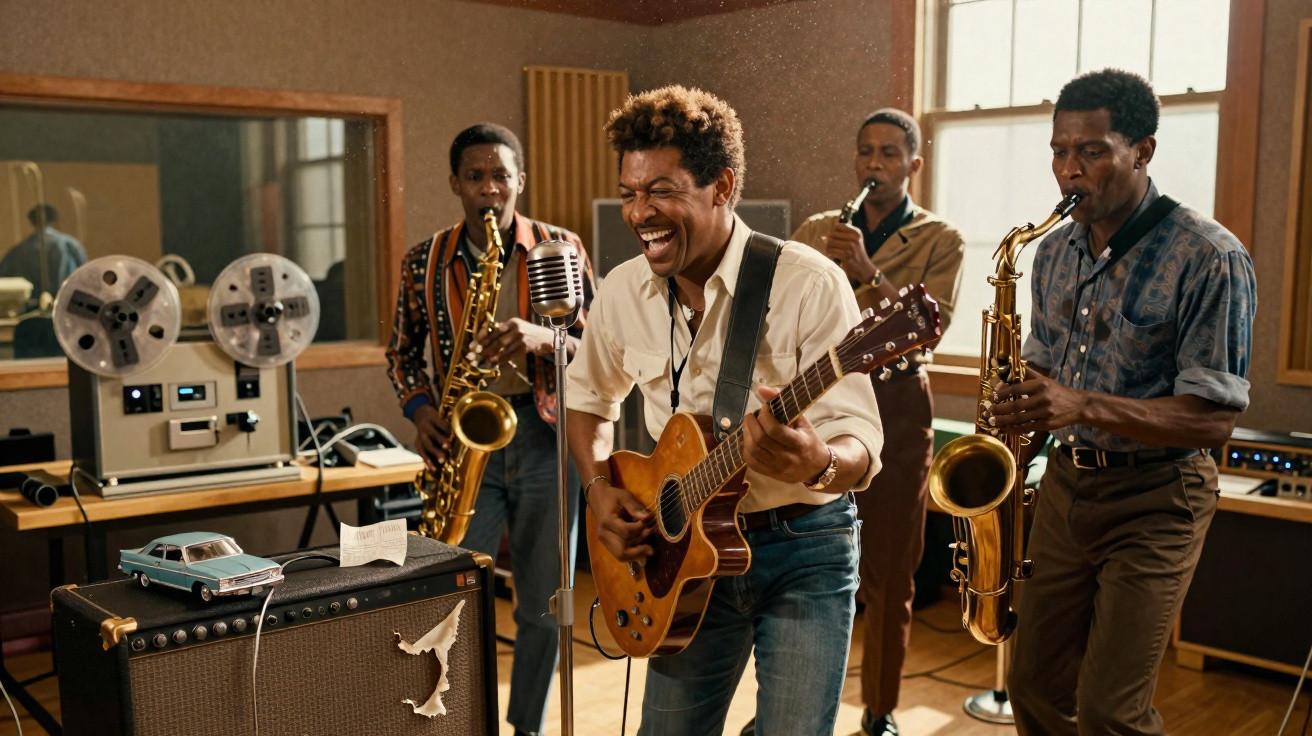 Banda de quatro músicos tocando guitarra e saxofones numa sala de gravação vintage.
