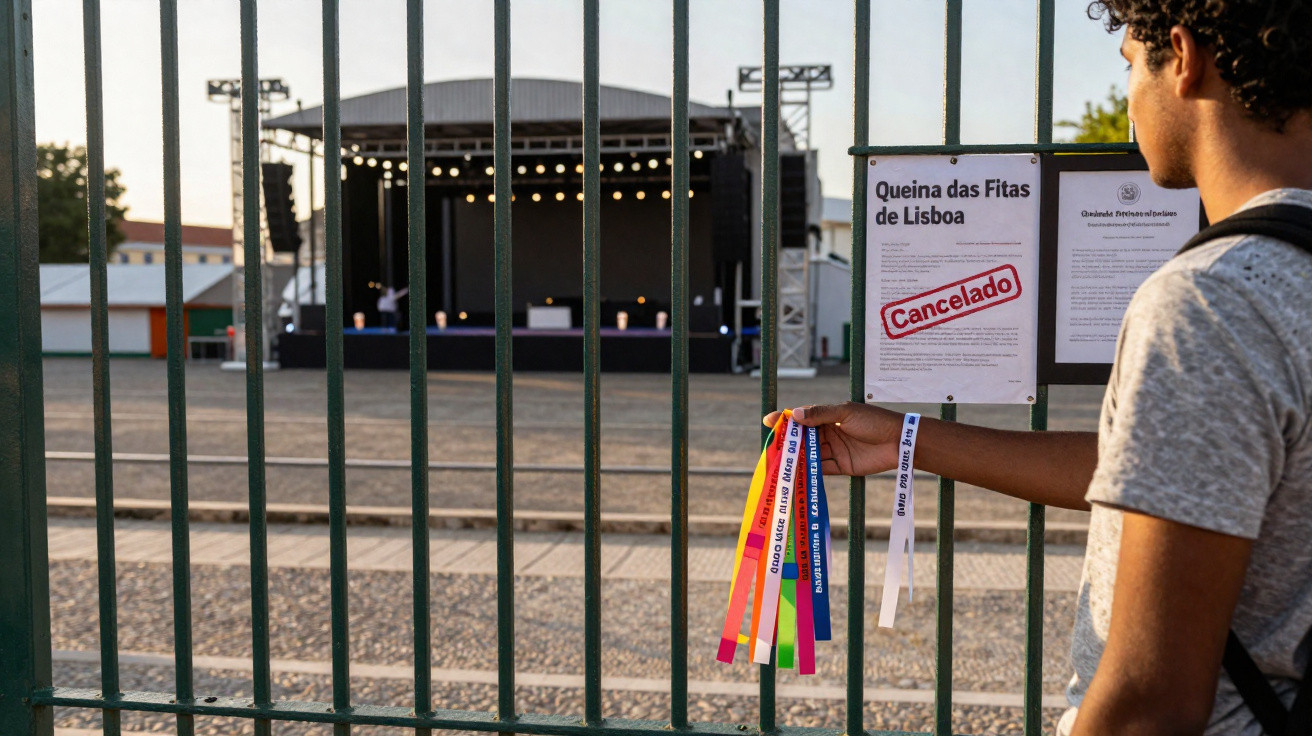 Pessoa segura fitas coloridas junto a portão fechado com placa a indicar que a Queima das Fitas de Lisboa foi cancelada.