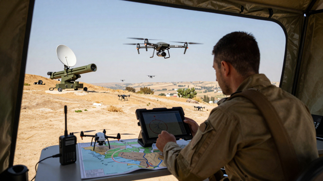 Militar a controlar drones através de tablet numa base temporária num terreno árido com colinas ao fundo.
