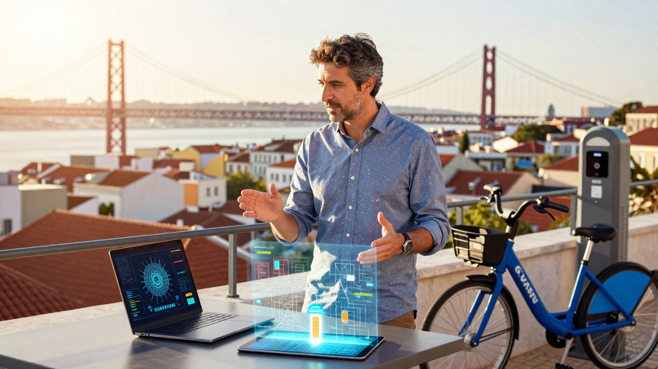 Homem a apresentar dados digitais numa esplanada junto a uma bicicleta e uma cidade com ponte ao fundo.