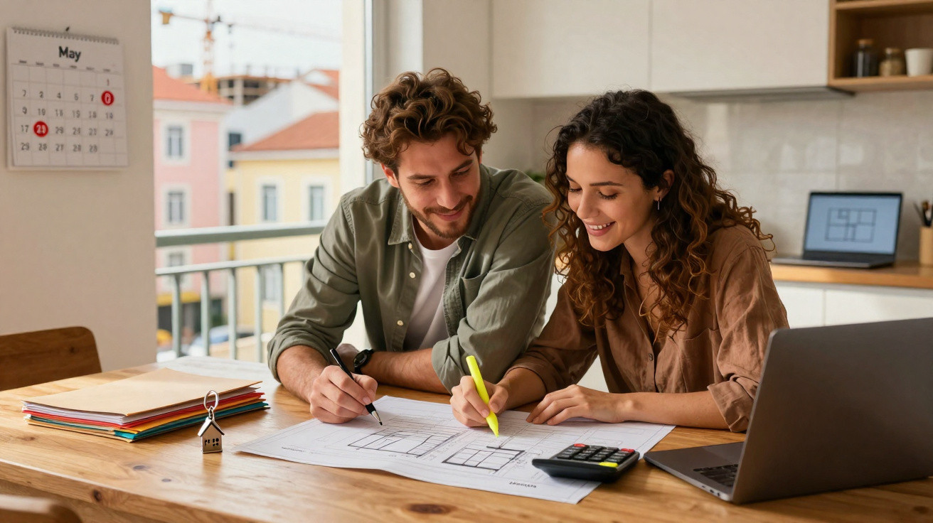 Casal jovem a planear projeto com plantas, calculadora e computador numa mesa iluminada em casa.