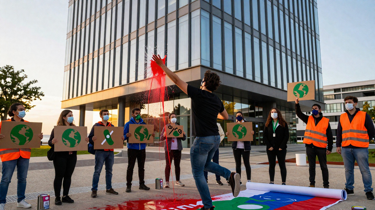Manifestantes de máscaras e coletes refletores seguram cartazes ambientais e um deita tinta vermelha em frente a um edifício 