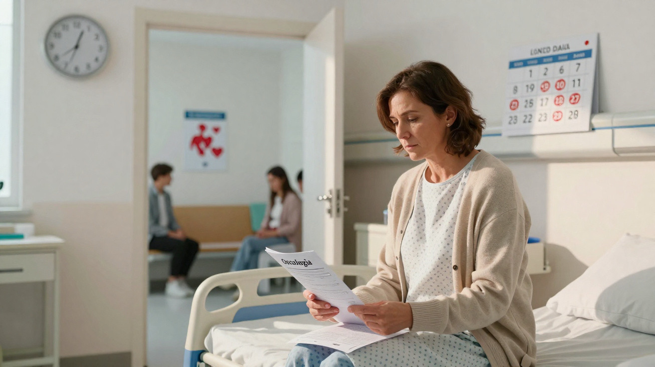 Mulher sentada em cama de hospital a ler documento sobre oncologia, com duas pessoas na sala de espera ao fundo.