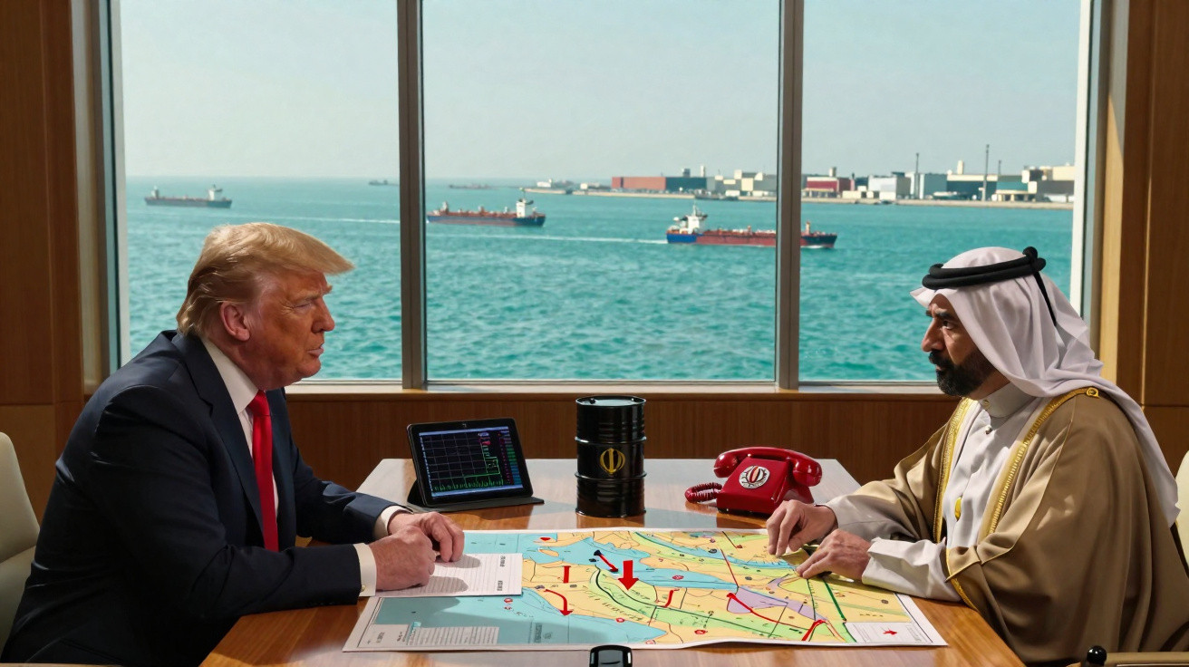 Duas pessoas em reunião à mesa com mapa, telefone vermelho e vista para o mar com navios ao fundo.