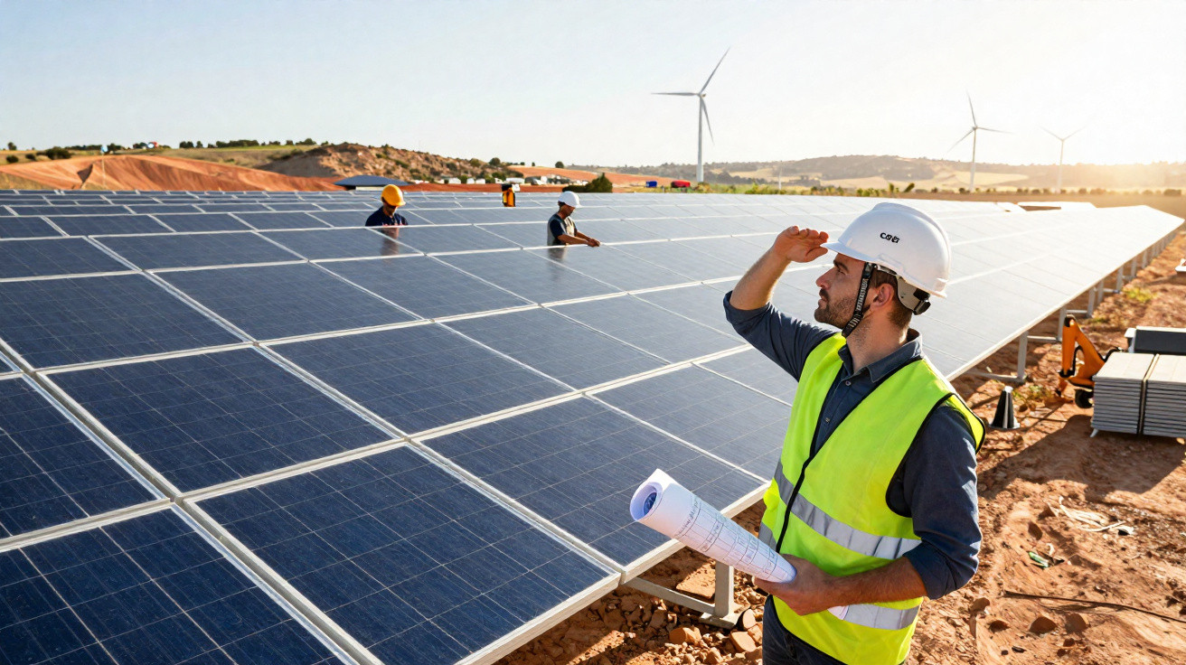 Engenheiro com capacete e colete a inspecionar painéis solares em campo com turbinas eólicas ao fundo.