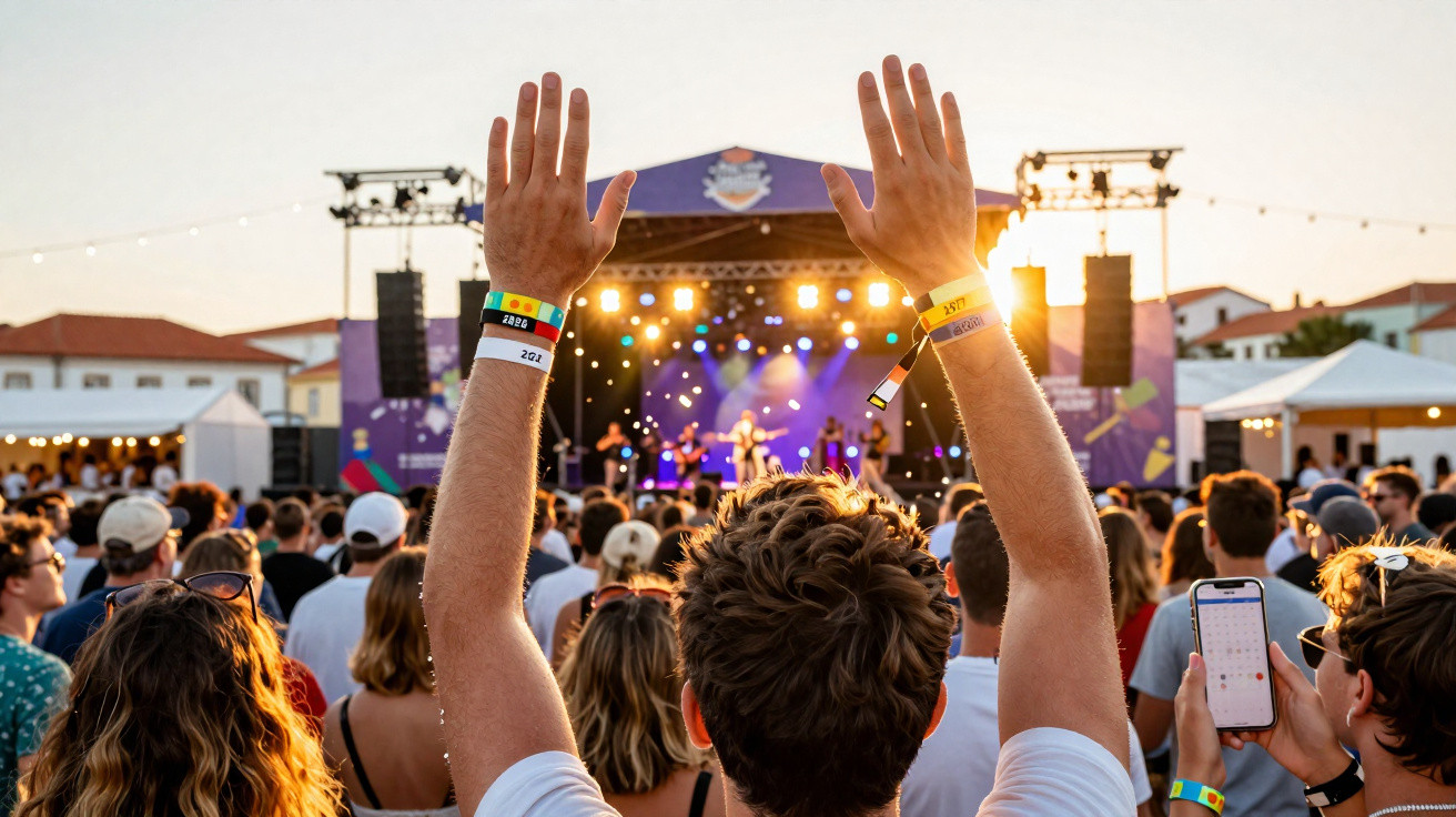 Multidão em concerto ao ar livre ao pôr do sol, com homem de braços levantados a usar pulseiras coloridas.