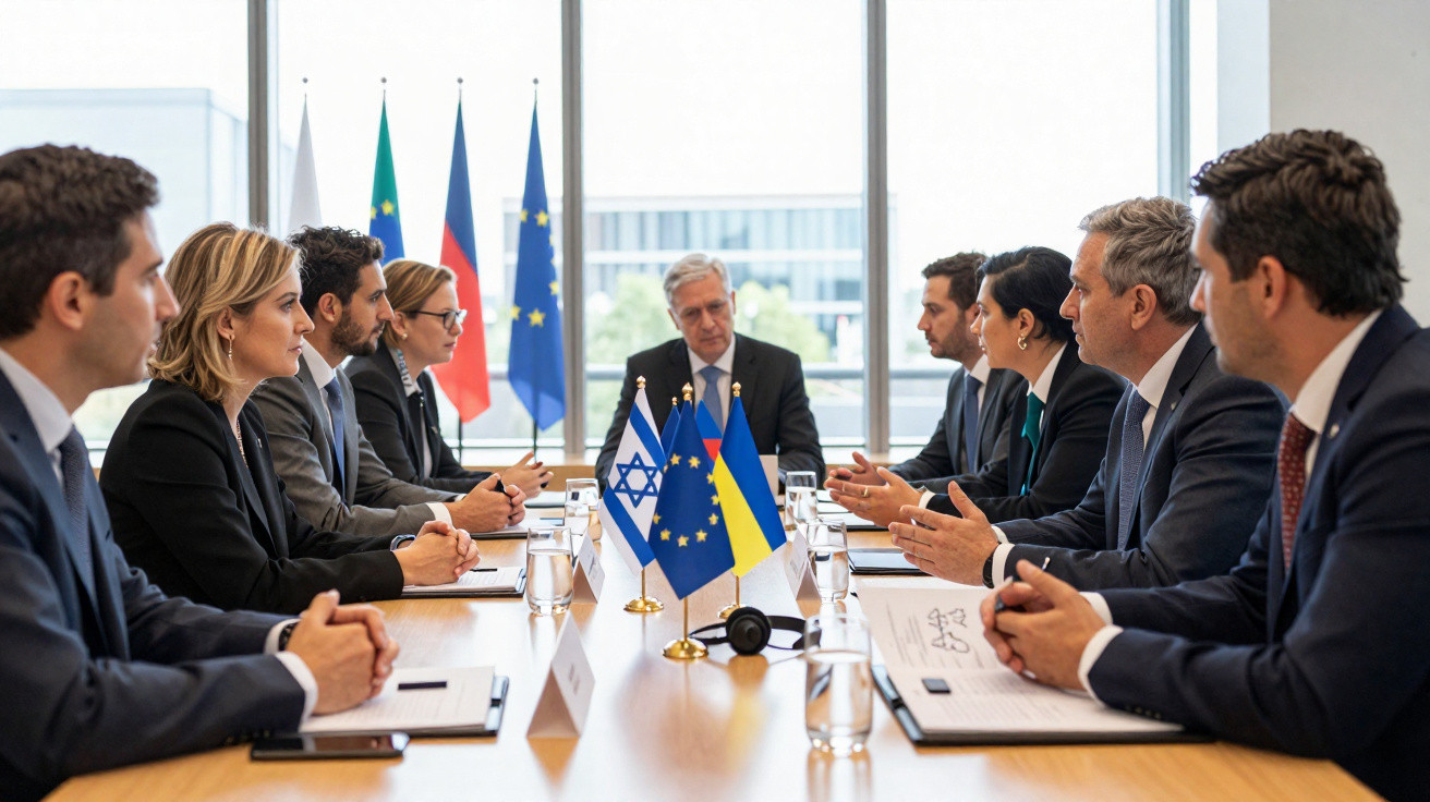 Reunião formal entre delegações de diferentes países sentadas à mesa com bandeiras de Israel, União Europeia e Ucrânia.