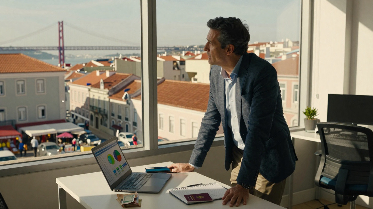 Homem de fato observa vista urbana de Lisboa a partir de escritório moderno com computador e documentos na mesa.