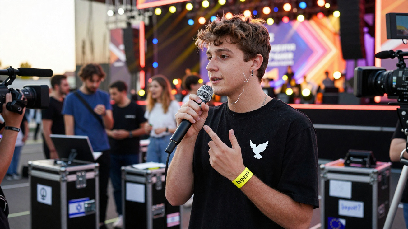 Jovem com microfone numa entrevista durante evento ao ar livre com palco iluminado ao fundo.