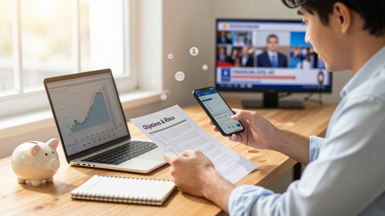 Homem a analisar documento financeiro com gráfico no portátil, usando telemóvel, com televisão ligada ao fundo.
