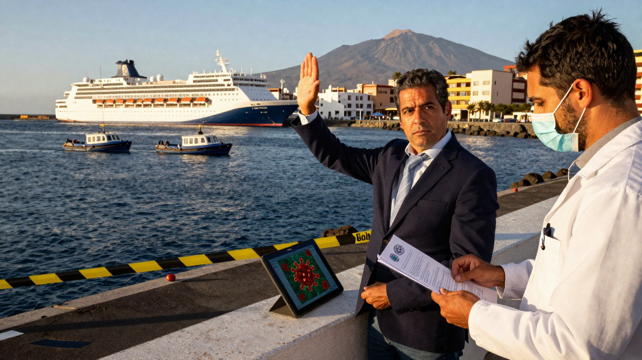 Homem de fato gesticula junto ao mar onde navio cruzeiro e barcos pequenos navegam, médico com máscara lê documento.