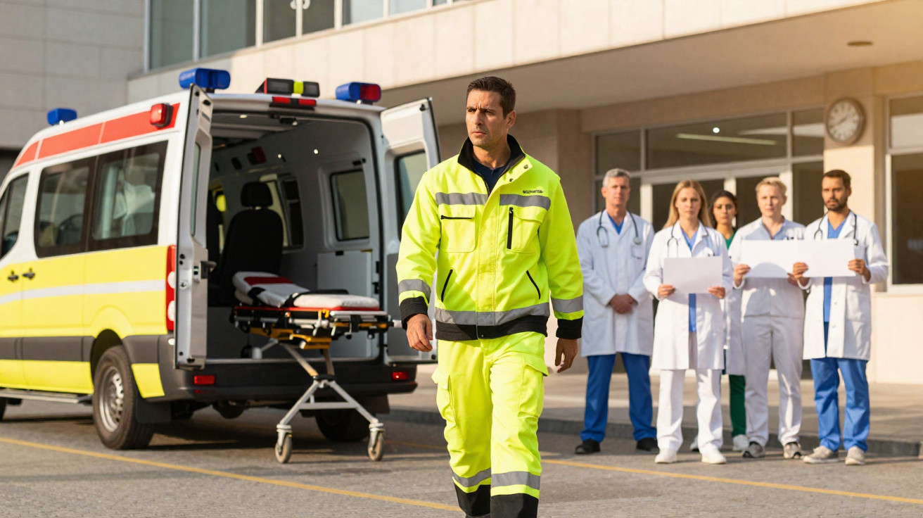 Paramédico a caminhar em frente a uma ambulância, com uma equipa médica a observar ao fundo junto a um hospital.