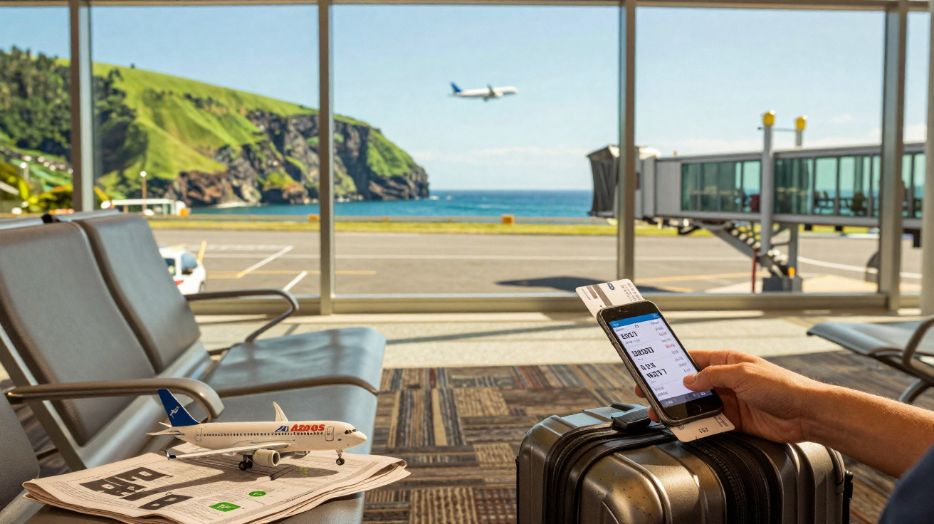 Pessoa segurando bilhete de avião e telemóvel ao lado de mala no aeroporto, com avião a levantar voo e paisagem marítima ao f