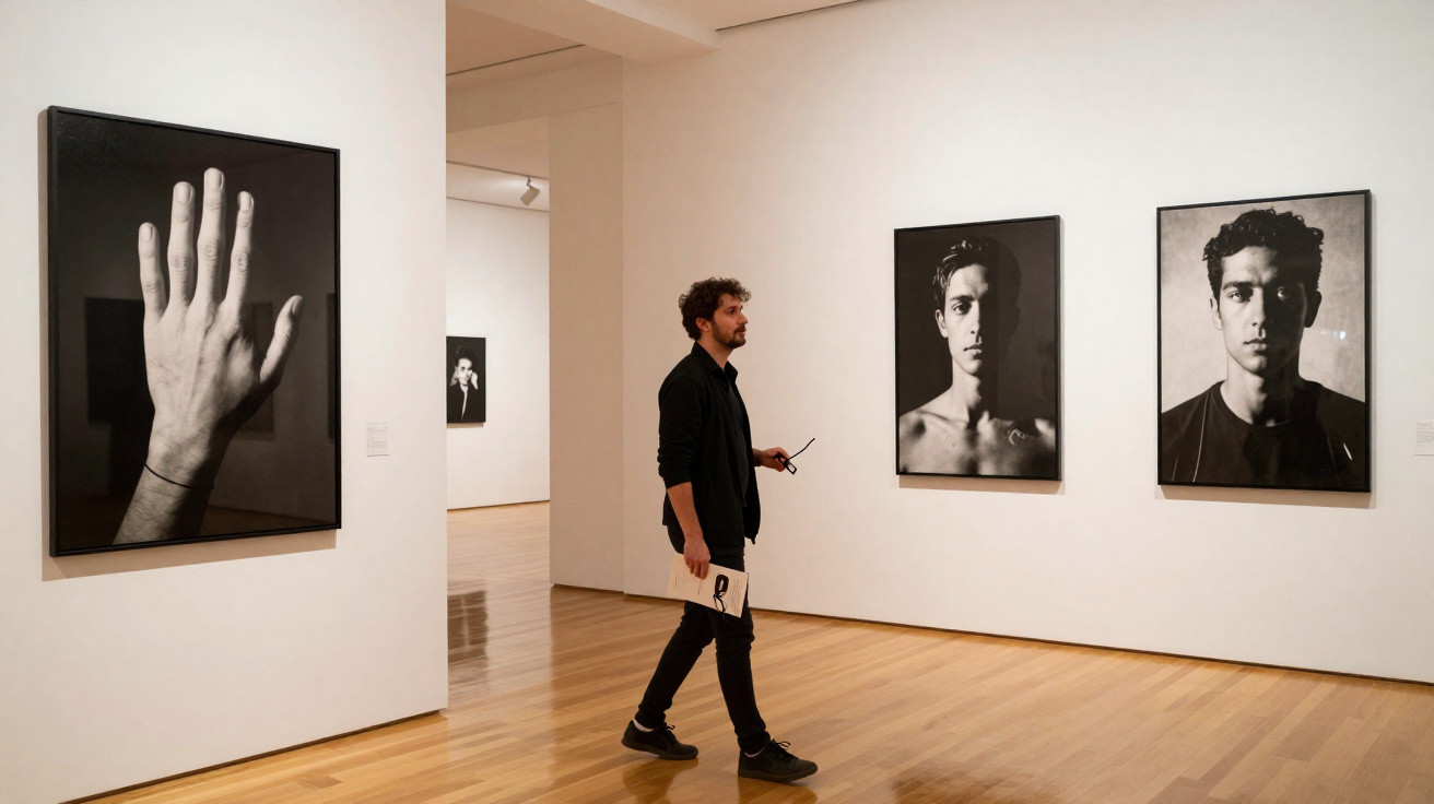 Homem a observar fotografias em preto e branco de mãos e retratos numa galeria de arte.