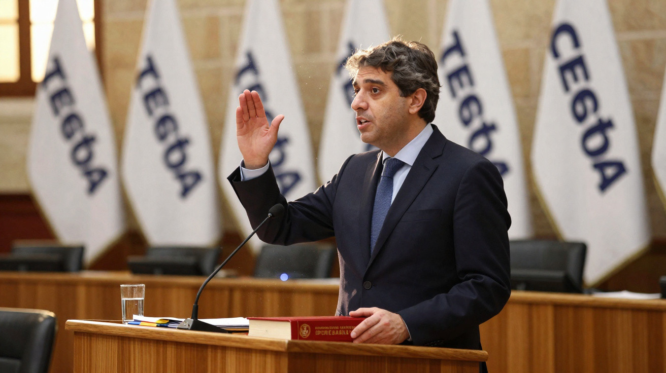 Homem vestido formalmente a fazer um juramento num tribunal com bandeiras ao fundo.