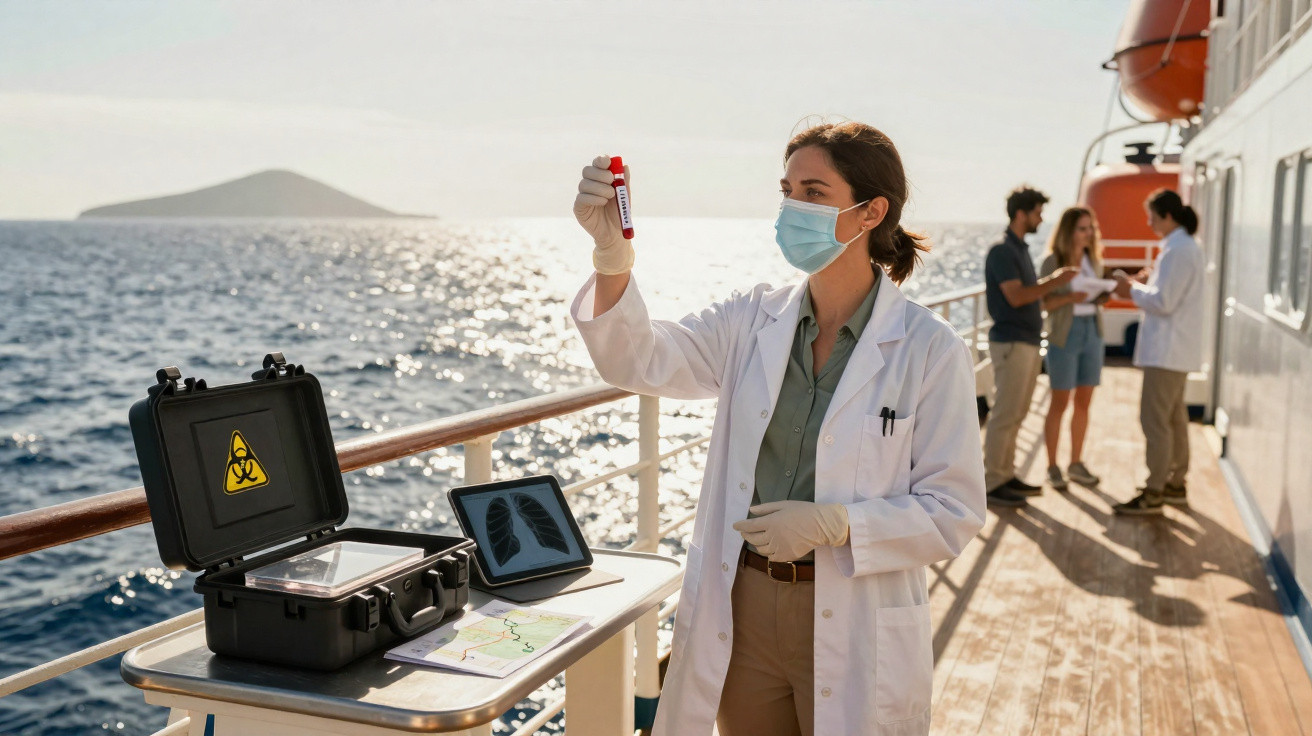 Cientista com máscara e bata branca analisa amostra de sangue num navio, com grupo de pessoas ao fundo.
