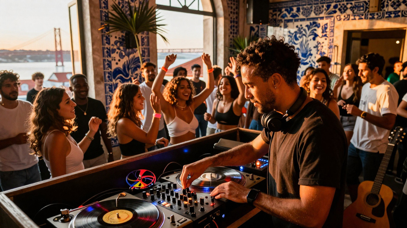 DJ a tocar música num bar com azulejos típicos portugueses, jovens a dançar e festa animada ao pôr do sol.