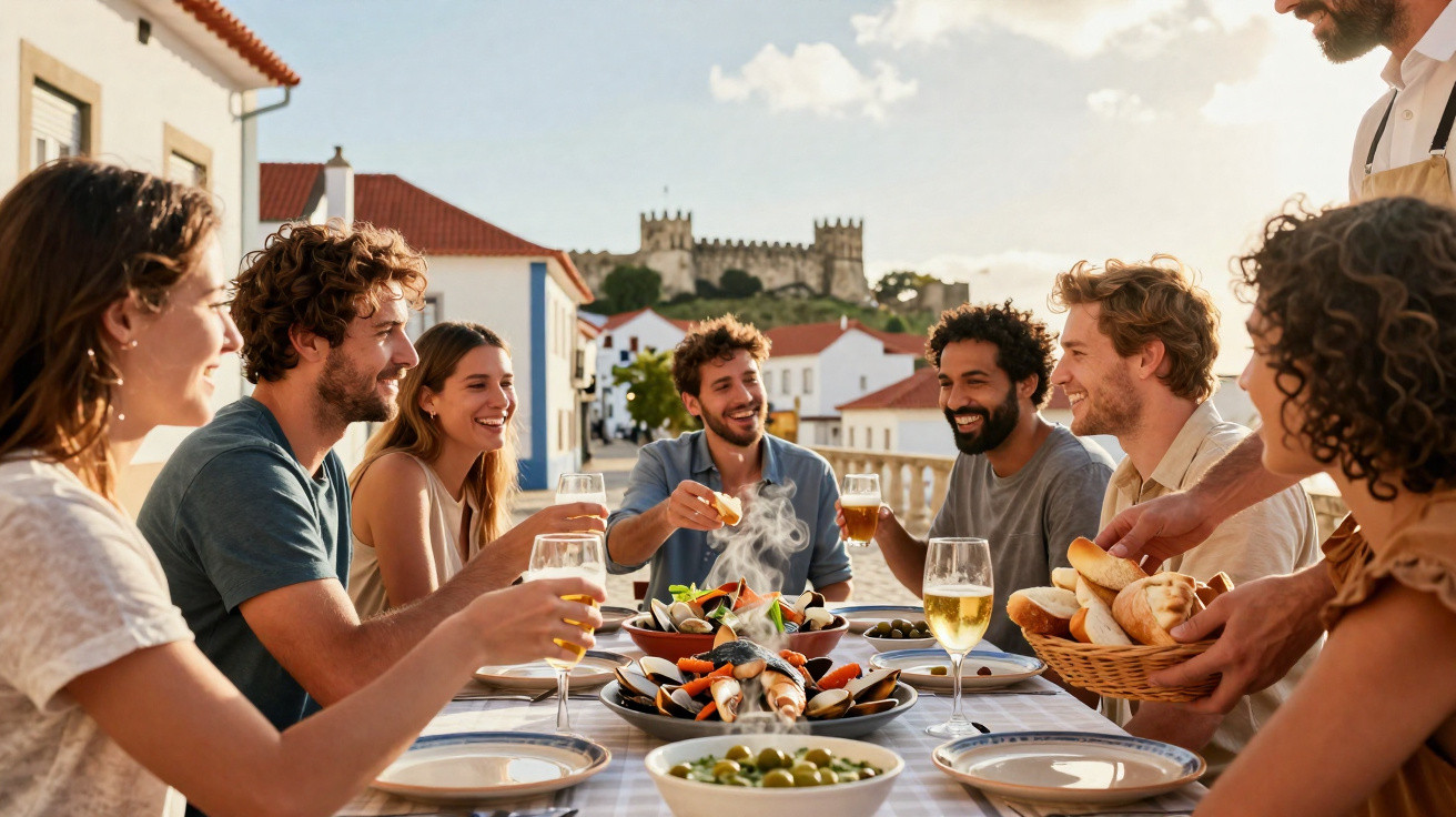 Grupo de amigos a jantar ao ar livre numa mesa com marisco e pão, com castelo ao fundo.