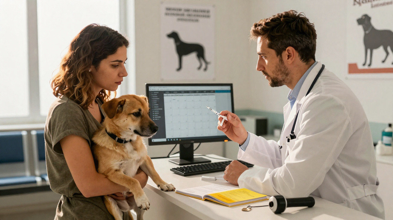 Veterinário a explicar vacinação a mulher que segura cão numa clínica veterinária.
