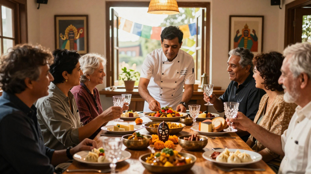 Grupo de pessoas celebra com comida tradicional em redor de mesa com um chefe de cozinha a servir pratos.