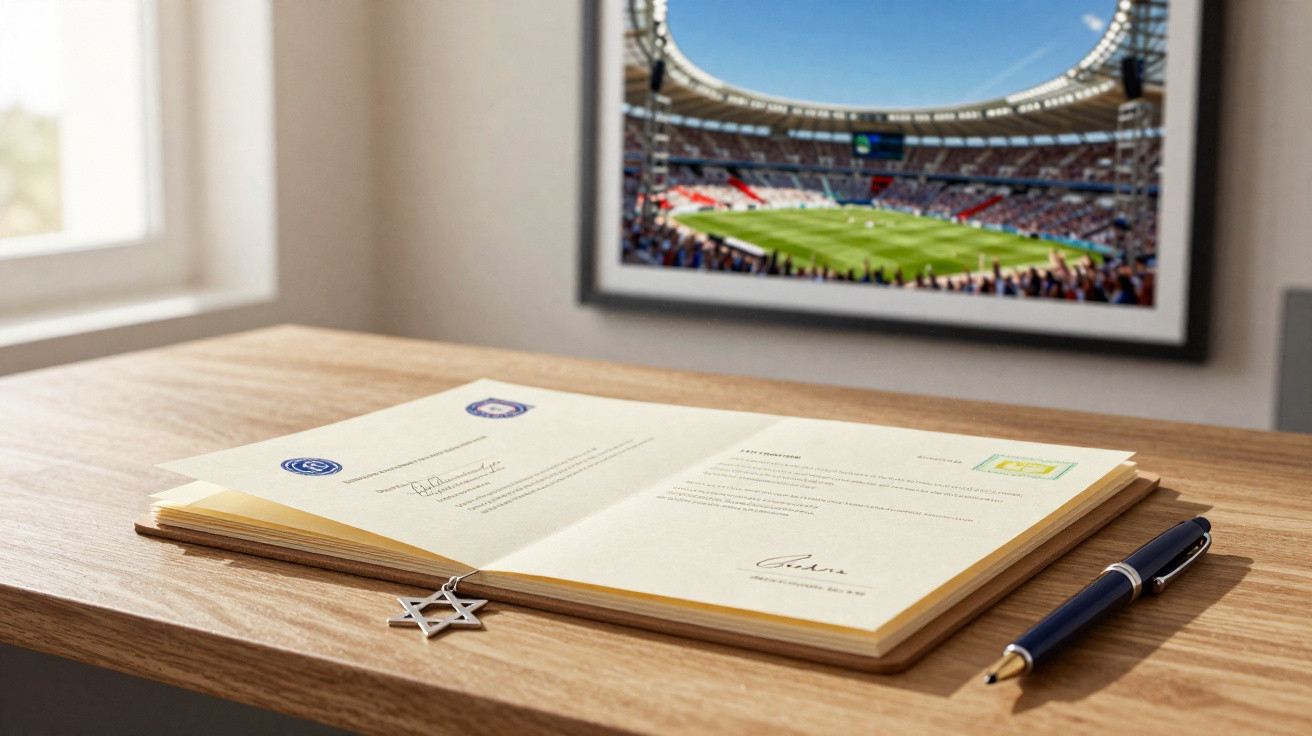 Livro aberto com assinatura e marcador em forma de estrela de Davi em mesa de madeira, com caneta azul e quadro de estádio ao