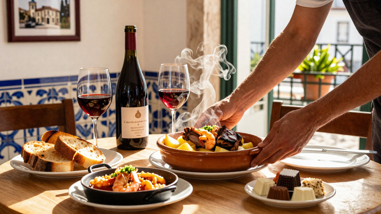 Mãos a servir prato fumegante de marisco com vinho tinto, pão e sobremesas numa mesa rústica.