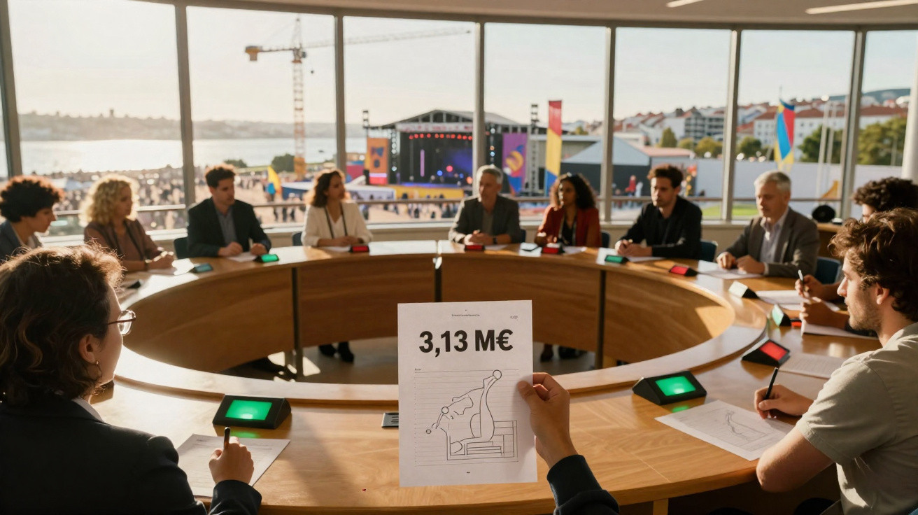 Reunião de negócios ao redor de mesa redonda com vista para rio e palco na janela ao fundo.