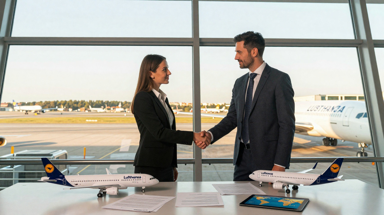 Homem e mulher de negócios a cumprimentar-se num aeroporto com maquetes de aviões e documentos numa mesa.