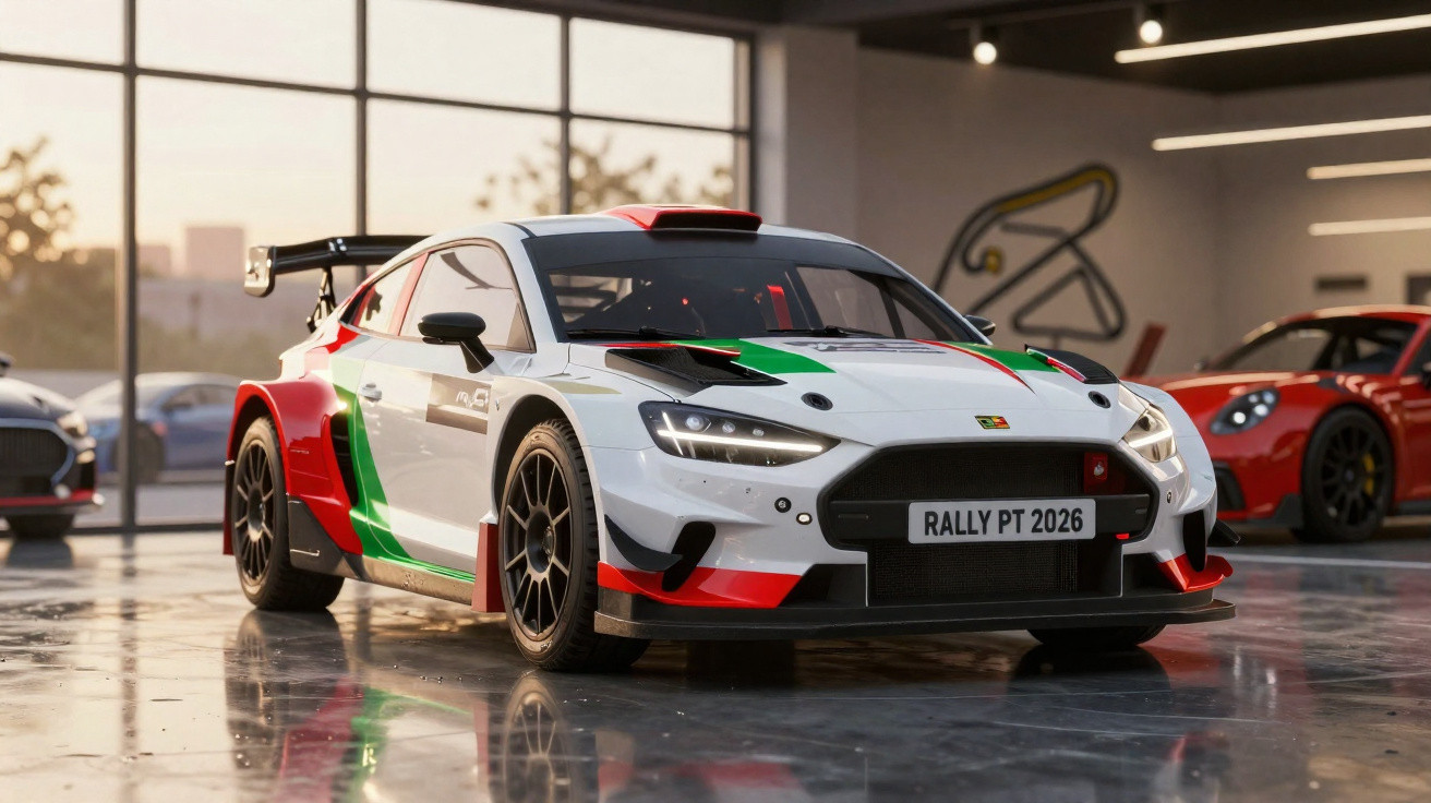 Carro de rali branco com detalhes verdes e vermelhos, matrícula RALLY PT 2026, em garagem moderna.