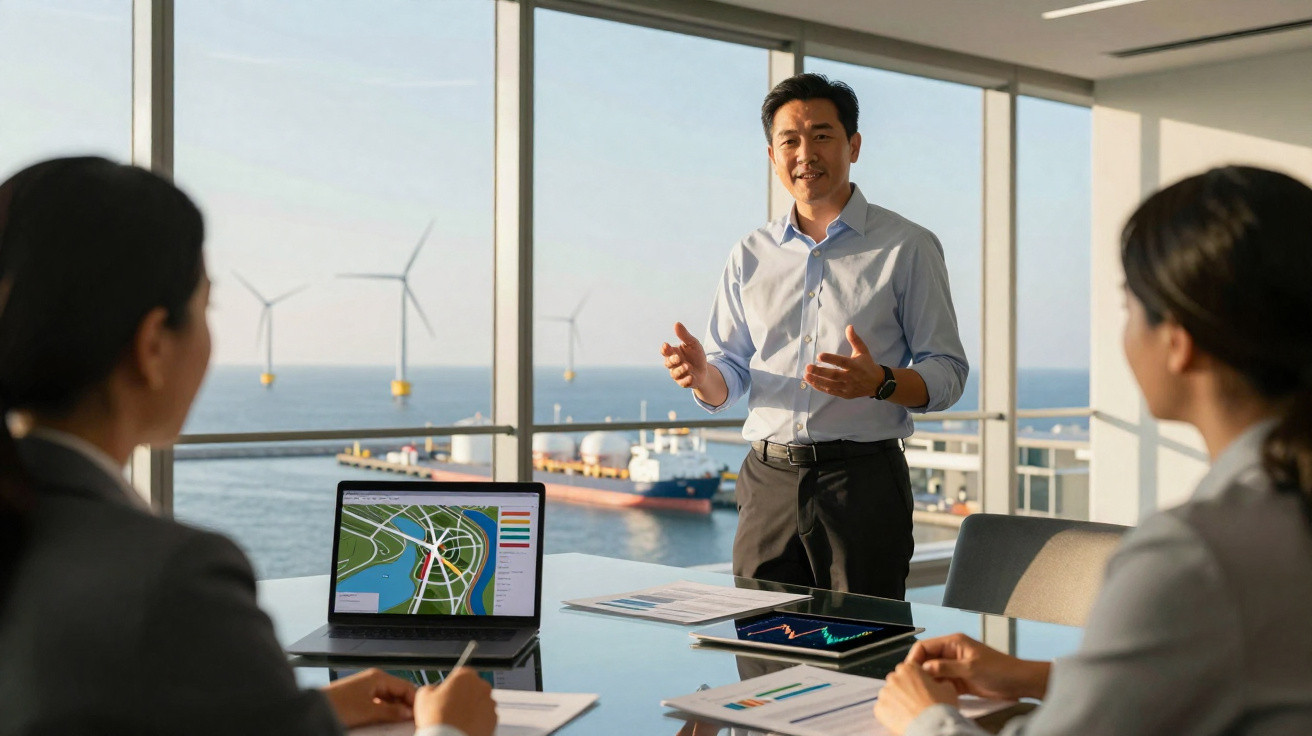 Homem a apresentar projeto a colegas numa sala com vista para turbinas eólicas offshore e navio no mar.