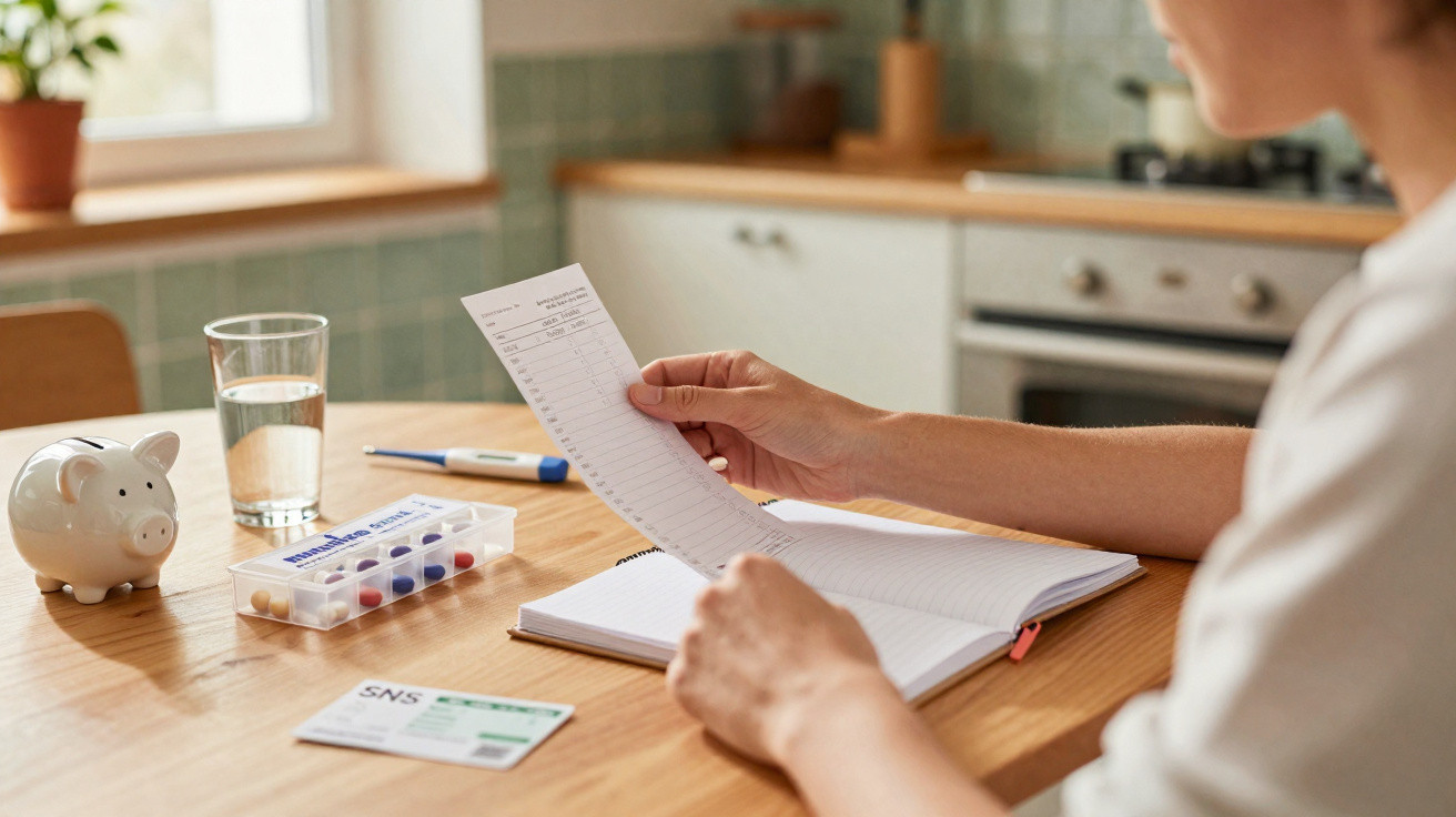Pessoa a consultar receita médica numa cozinha, com jarro de água, medicamentos e cartão SNS na mesa.