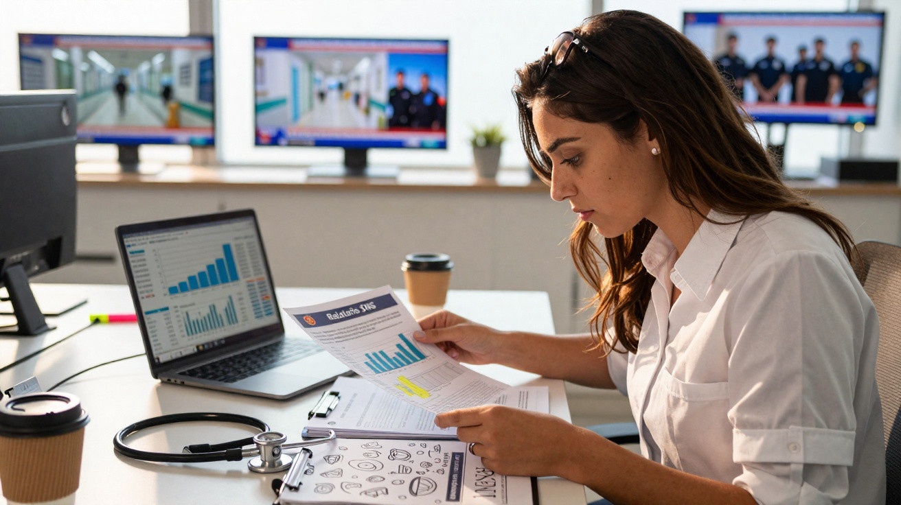 Mulher analisando relatórios de gráficos numa secretária com laptop e estetoscópio num consultório médico.