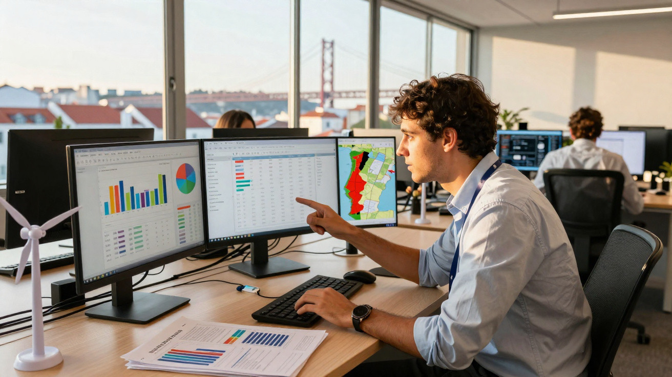 Homem a trabalhar num escritório moderno com gráficos e mapas em três ecrãs de computador.
