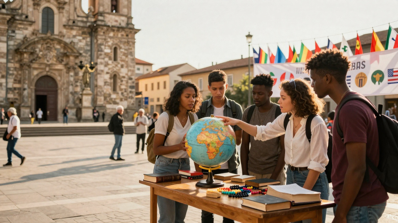 Grupo de estudantes com mochila observa globo terrestre numa mesa ao ar livre numa praça histórica.