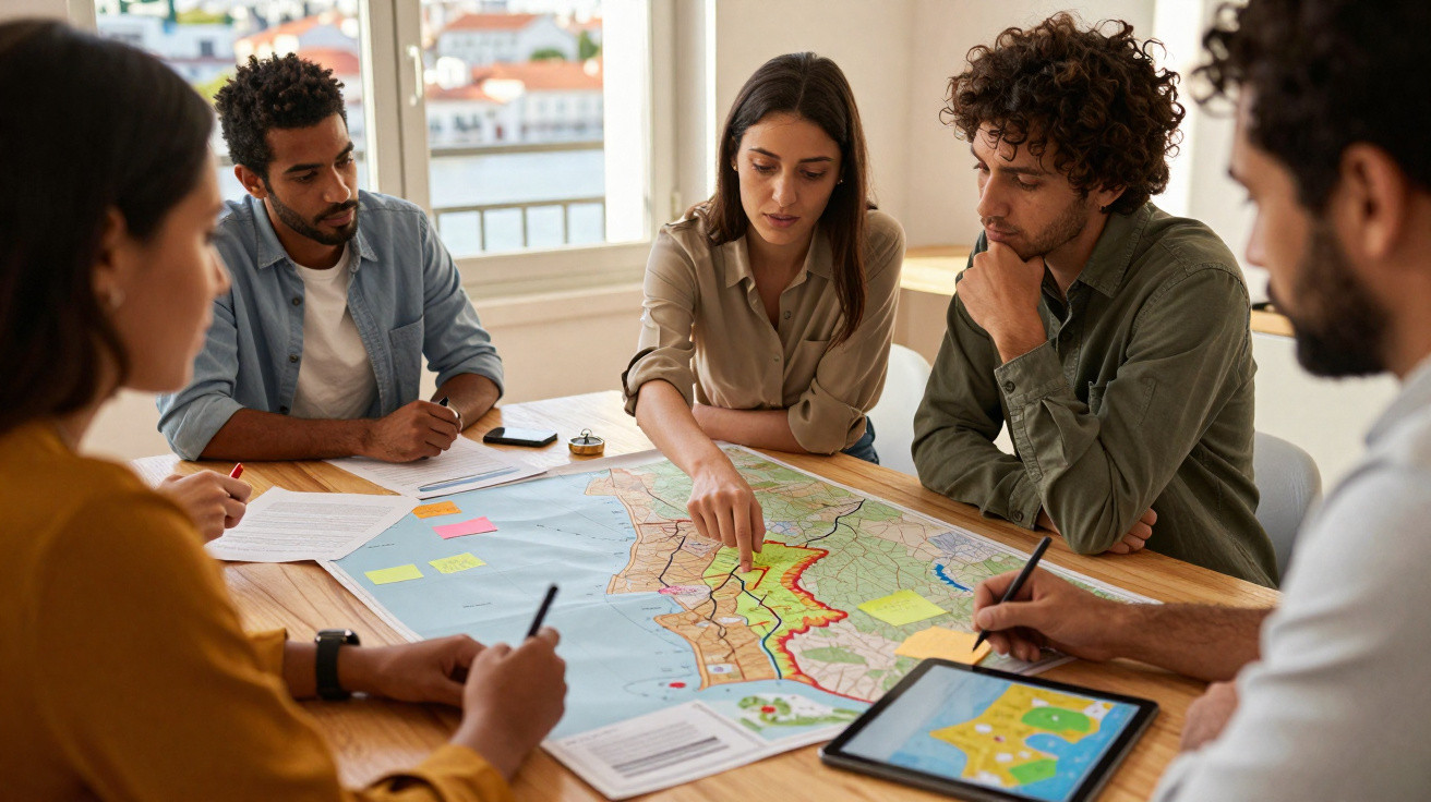 Grupo de jovens a analisar mapas e planeamento urbano numa mesa de reunião iluminada por luz natural.