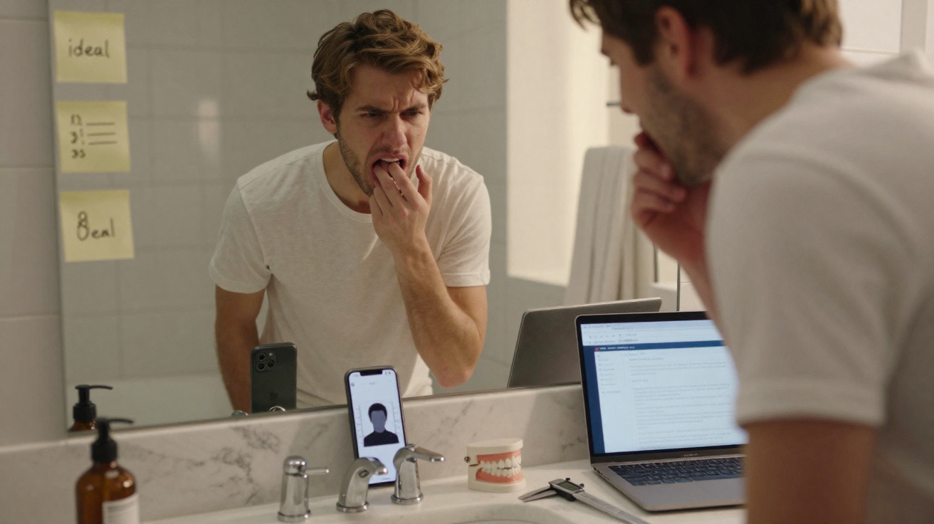 Homem inquieto verifica dente na casa de banho com telemóvel, maquine e modelo dentário no balcão.