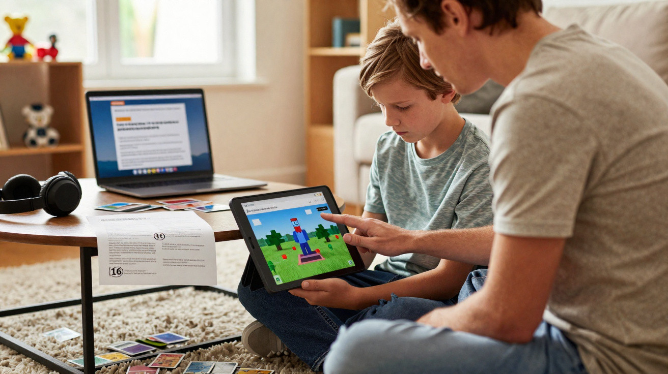 Pai e filho sentados no chão a jogar videojogo num tablet, com computador e papéis numa mesa à frente.