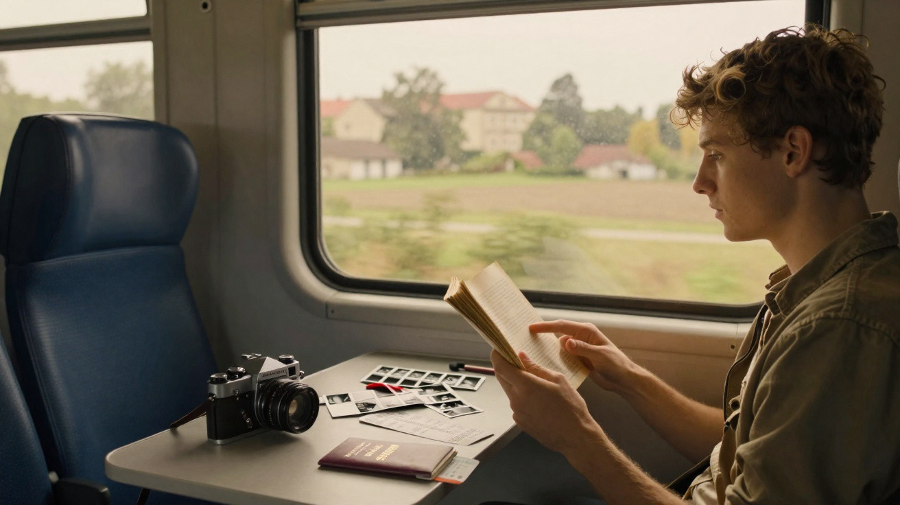 Jovem sentado num comboio a ler um livro, com máquina fotográfica, passaporte e fotos espalhadas na mesa.
